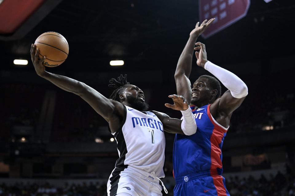 Kevon Harris #7 of Orlando Magic takes a shot against Jalen Duren #0 of Detroit Pistons during the first quarter of a 2023 NBA Summer League game at the Thomas & Mack Center on July 08, 2023 in Las Vegas, Nevada.