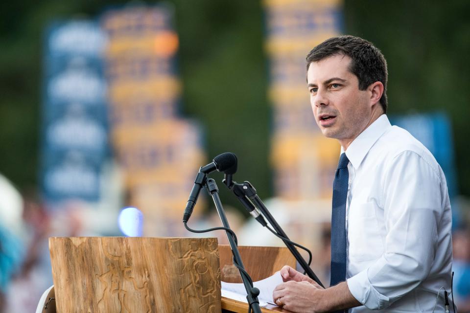 Democratic presidential candidate Pete Buttigieg addresses a crowd in Galivants Ferry, South Carolina, in September 2019.