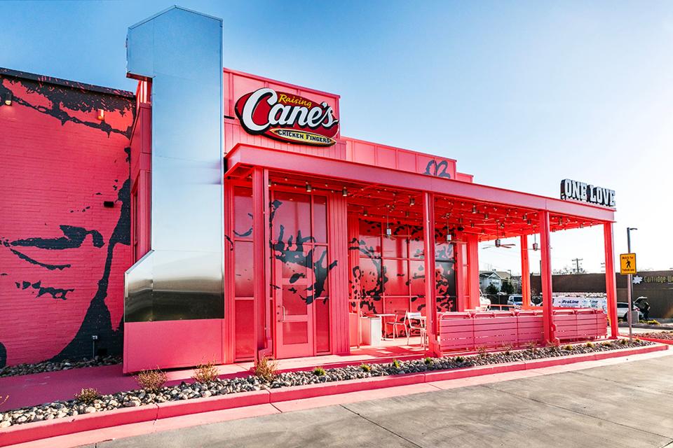 The Raising Cane’s restaurant, personally designed by Post Malone and located at 890 Fort Union Blvd. in Midvale, is pictured in this handout photo released to the media Tuesday, April 11, 2023. | Raising Cane’s