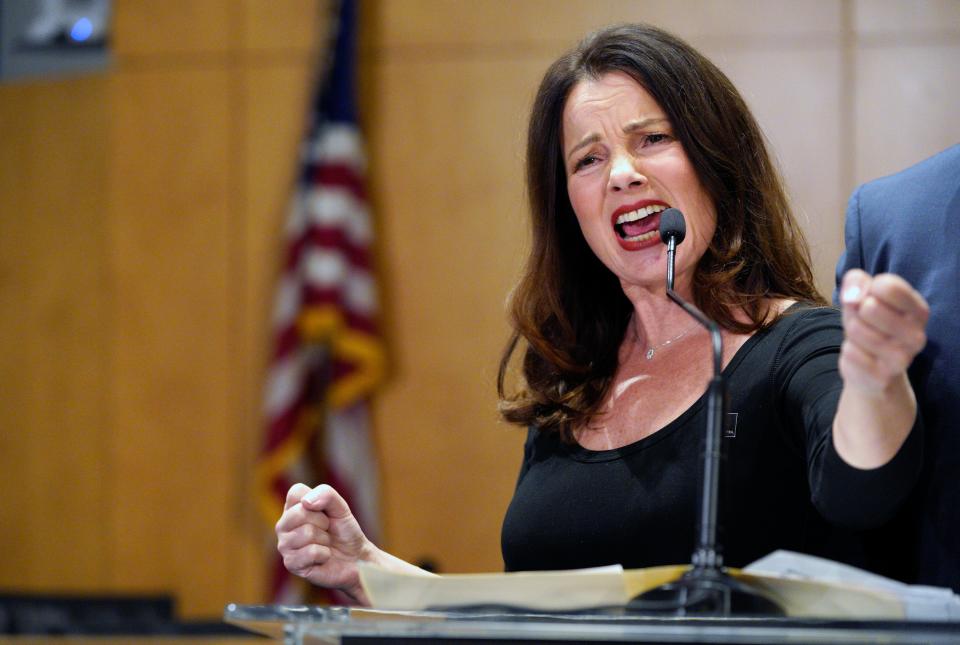SAG-AFTRA President Fran Drescher describes negotiations during a news conference at the SAG-AFTRA offices in Los Angeles on Friday, Nov. 10.