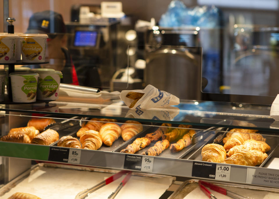 A customers food on the counter before they collect it as Greggs bakery reopens 800 stores nationwide. Greggs closed all of their bakery's due to the lockdown which was imposed across the UK due to the COVID-19 pandemic.  On June 18, 2020 in Southend-on-Sea, England. (Photo by Jacques Feeney/MI News/NurPhoto via Getty Images)