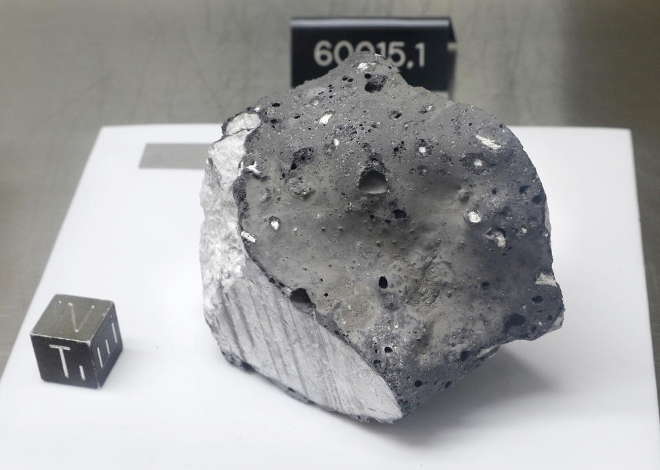 Collected during Apollo 16, an anorthosite sample believed to be the oldest rock collected during the moon missions is displayed in the lunar lab at the NASA Johnson Space Center Monday, June 17, 2019, in Houston. Scientists also believe it to be from the original crust of the moon just after it cooled. (Photo: Michael Wyke/AP)