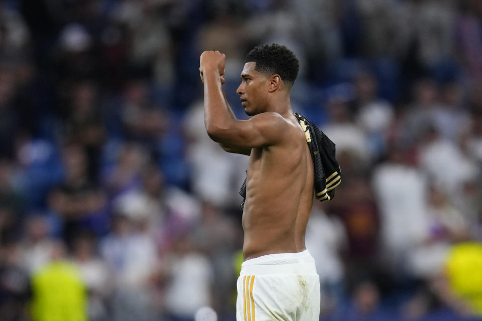 Jude Bellingham, del Real Madrid, festeja al final del partido de la Liga de Campeones ante el Union Berlín, el miércoles 20 de septiembre de 2023 (AP Foto/Manu Fernández)