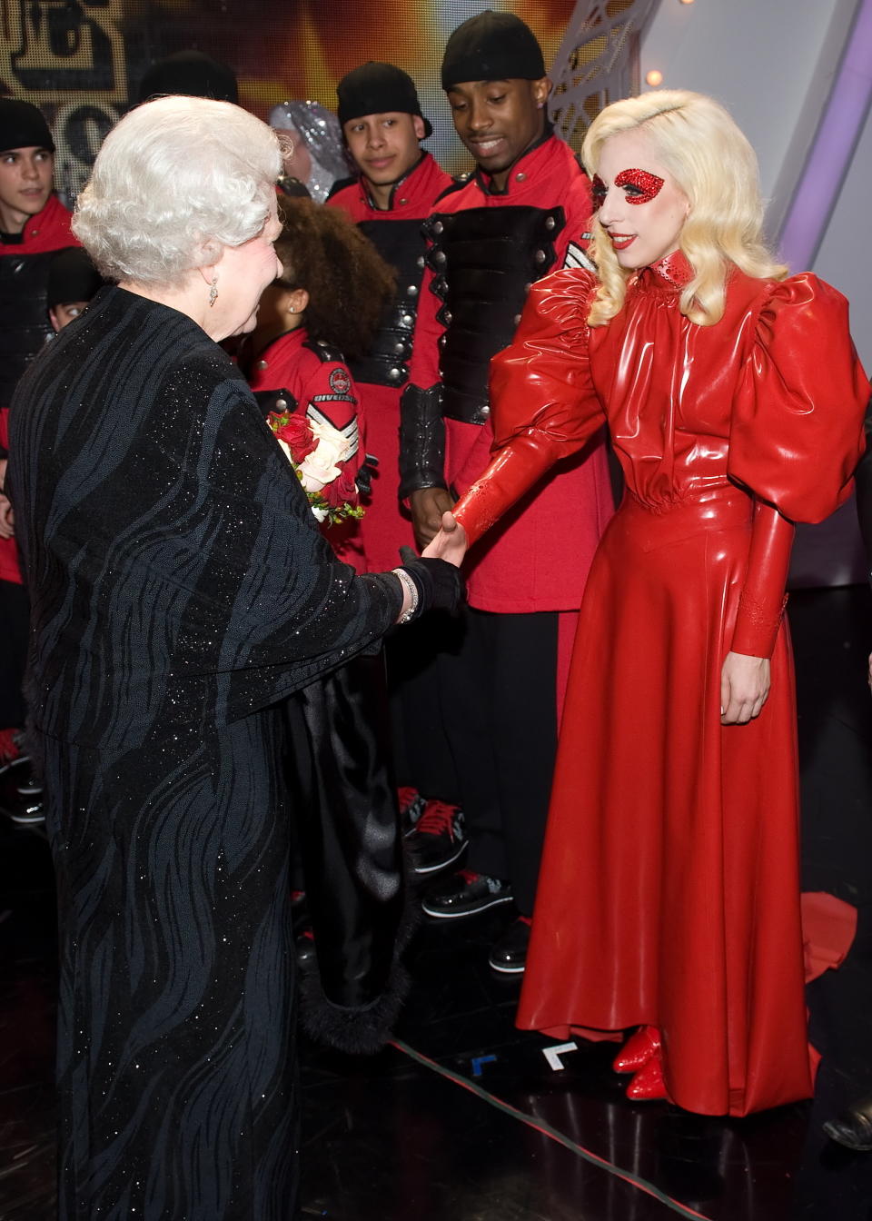 BLACKPOOL, ENGLAND - DECEMBER 7: Queen Elizabeth II  meets American singer Lady Gaga following the Royal Variety Performance on December 7, 2009 in Blackpool, England. (Photo by Anwar Hussein/Getty Images)