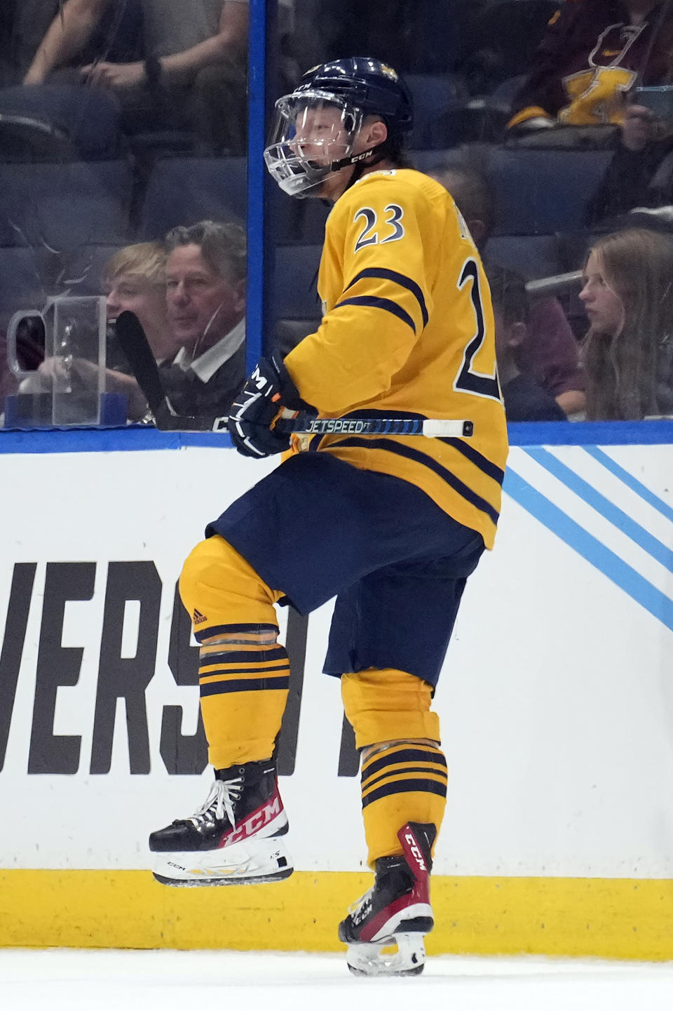 Quinnipiac defenseman Zach Metsa (23) celebrates after scoring against Michigan during the third period of an NCAA semifinal game in the Frozen Four college hockey tournament Thursday, April 6, 2023, in Tampa, Fla. (AP Photo/Chris O'Meara)