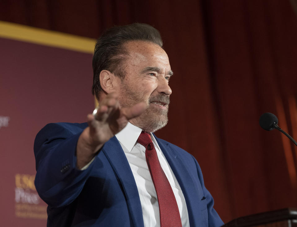 LOS ANGELES, CA - FEBRUARY 13: Former Gov. Arnold Schwarzenegger speaks during Unhoused: Addressing Homelessness in California at the University of Southern California in Los Angeles, CA on Thursday, February 13, 2020. The program was presented by the USC Schwarzenegger Institute for State and Global Policy and USC Price Center for Social Innovation. (Photo by Paul Bersebach/MediaNews Group/Orange County Register via Getty Images)