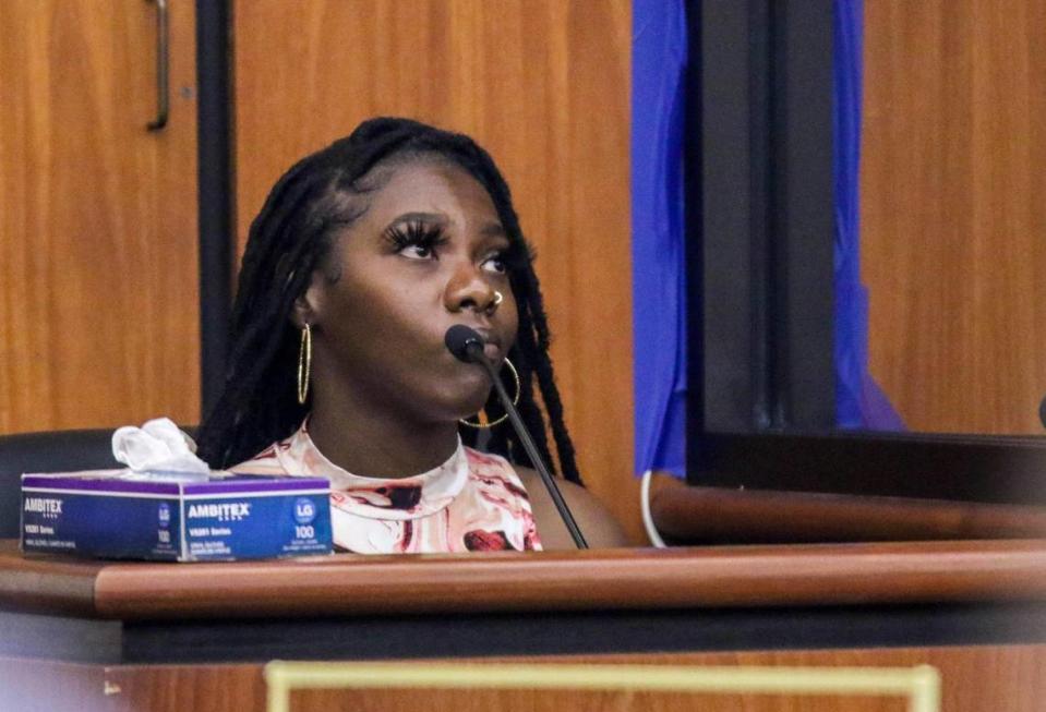 Destiny Cuttino, an ex-girlfriend of Nathaniel Rowland, answers questions from the prosecution about items in evidence during the trial of Nathaniel Rowland on Friday, July 23, 2021 in Richland County Circuit Court. Rowland is accused of killing Samantha Josephson after luring her into his car.