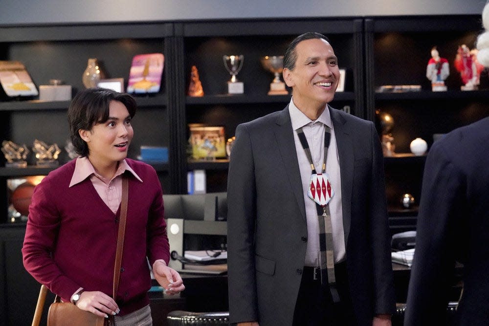 From left, Jesse Leigh plays Bobbie Yang and Michael Greyeyes plays Terry Thomas on the Peacock comedy series "Rutherford Falls."