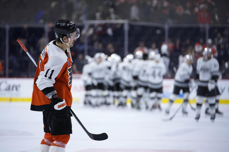 Philadelphia Flyers' Travis Konecny skates off the ice after the Flyers lost an NHL hockey game against the Los Angeles Kings, Saturday, Nov. 4, 2023, in Philadelphia. (AP Photo/Matt Slocum)