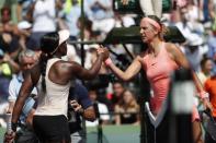 Mar 29, 2018; Key Biscayne, FL, USA; Sloane Stephens of the United States (L) shakes hands with Victoria Azarenka of Belarus (R) after their match in a women's singles semi-final of the Miami Open at Tennis Center at Crandon Park. Mandatory Credit: Geoff Burke-USA TODAY Sports