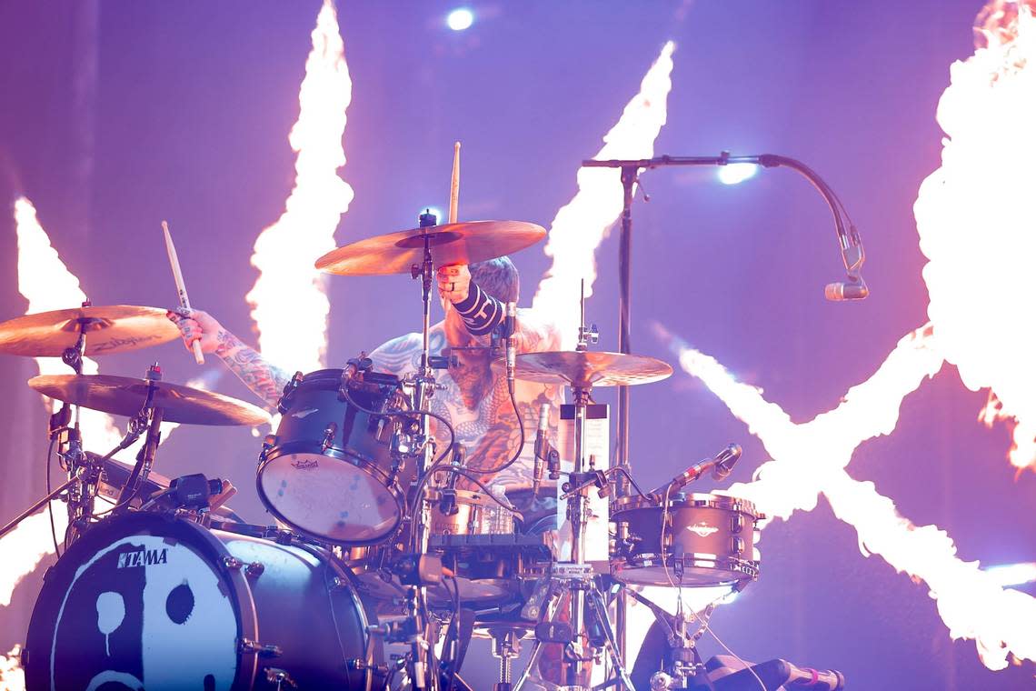 Fall Out Boy drummer performs at the Paycom Center in Oklahoma City, on Monday, March 11, 2024. The punk, metal, emo, old-school rock and straightforward pop group will play Rupp Arena this weekend.