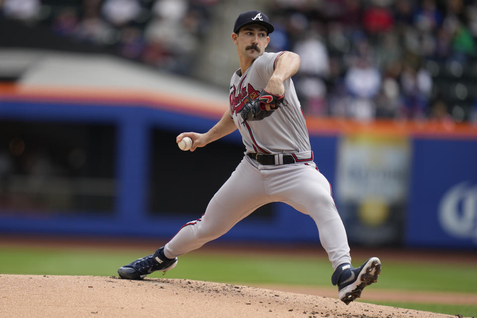 Atlanta Braves pitcher Spencer Strider throws during the first inning of the first baseball game of a doubleheader against the New York Mets at Citi Field, Monday, May 1, 2023, in New York. (AP Photo/Seth Wenig)
