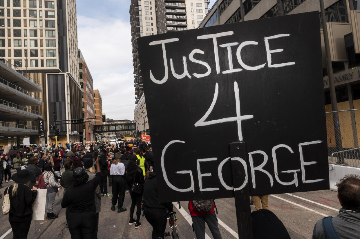 MINNEAPOLIS, MN - SEPTEMBER 11: Demonstrators gather outside the Hennepin County Family Justice Center on September 11, 2020 in Minneapolis, Minnesota. A pretrial hearing was held at the facility today for the four former Minneapolis Police officers charged in the death of George Floyd on May 25. (Photo by Stephen Maturen/Getty Images)