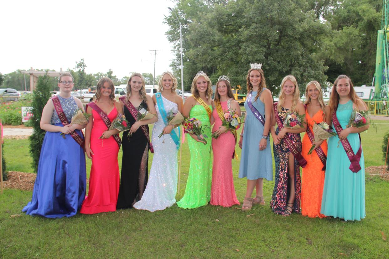 The 2023 Dallas County Fair Queen contestants include, from left, Bailey Renner, Makenna Odegaard, Lydia Morin, Kenzie Dresback (2022 Dallas County Fair Queen), Brinna Orr (runner-up), Celia Kreifels (queen), Mary Ann Fox (2022 Iowa State Fair Queen), Megan Reck, Camryn Tigges and Bianca Fuquey.