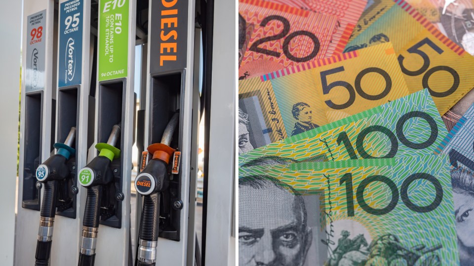 Fuel pumps at a petrol station and Australian currency.