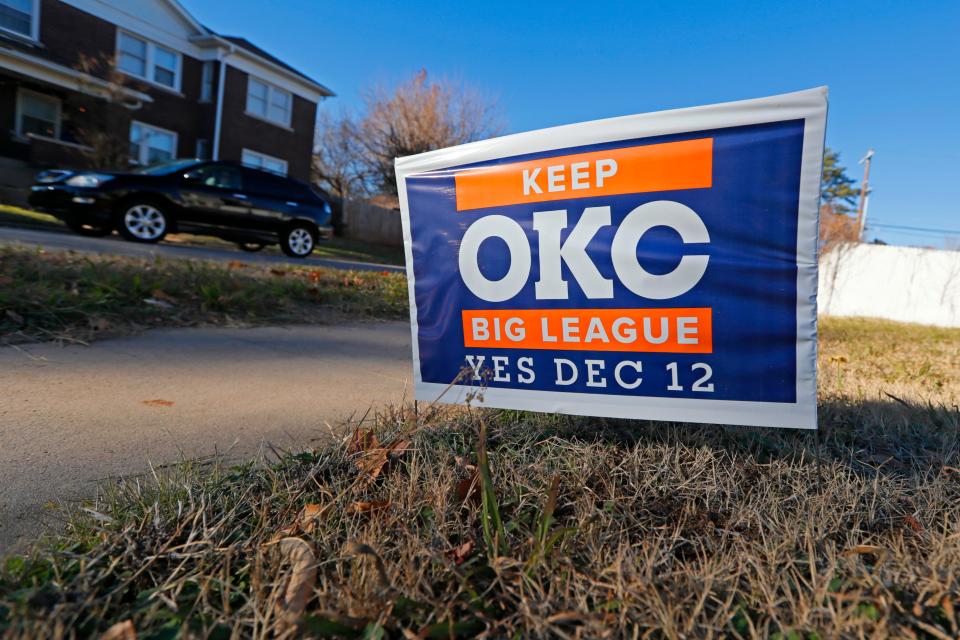 A sign in support of a new arena for Oklahoma City is seen Dec. 5 at the corner of NW 31 and N Dewey Avenue.