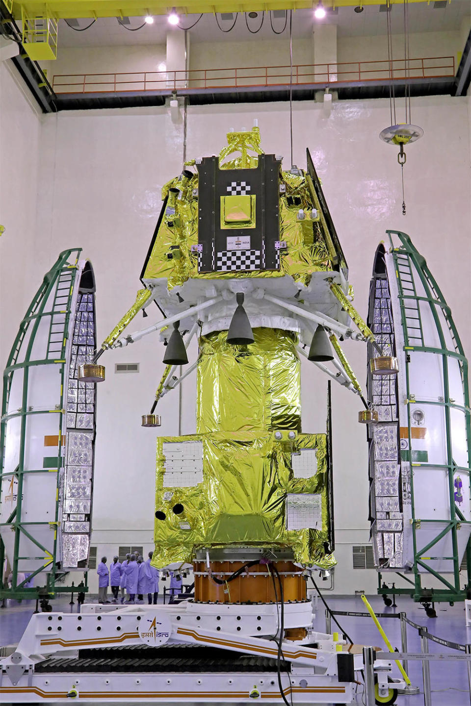 The Chandrayaan-3 lander atop its propulsion module prior to launch. The propulsion module put Chandrayaan-3 in the planned lunar orbit and is continuing to circle the moon while the lander operates on the surface. / Credit: ISRO