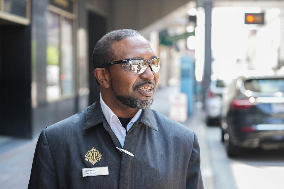 Jonathan Cody has been a doorman at the Hilton Cincinnati Netherland Plaza in downtown Cincinnati for nearly three decades.