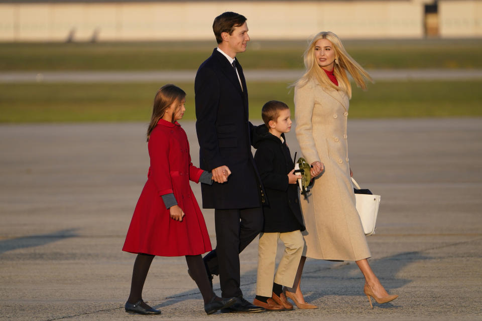 Ivanka Trump and her husband Jared Kushner board Air Force One with their children Arabella and Joseph with President Donald Trump to travel to a campaign rally in Moon Township, Pa., Tuesday, Sept. 22, 2020, at Andrews Air Force Base, Md. 