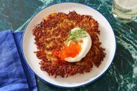 <p>Swiss rösti is essentially the fanciest <a href="https://www.delish.com/cooking/recipe-ideas/recipes/a50756/best-latkes-recipe/" rel="nofollow noopener" target="_blank" data-ylk="slk:potato latke;elm:context_link;itc:0;sec:content-canvas" class="link ">potato latke</a> you’ll ever eat, where the best part is the topping. We view it almost like a Passover pizza. We love classic applesauce, but you can go fancy with a bit of lox, sour cream, fresh dill, and roe for an amazing treat for any celebration.</p><p>Get the <strong><a href="https://www.delish.com/cooking/menus/a38324426/rosti-recipe/" rel="nofollow noopener" target="_blank" data-ylk="slk:Rösti recipe;elm:context_link;itc:0;sec:content-canvas" class="link ">Rösti recipe</a></strong>.</p>