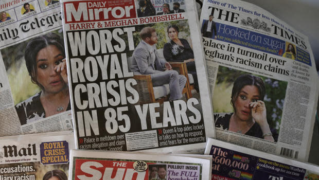 Stop the presses! British daily newspaper headlines report March 9, 2021 the story of the interview given by the Duchess of Sussex, Meghan Markle, and her husband, Britain's Prince Harry, Duke of Sussex, to Oprah Winfrey about their experiences with Buckingham Palace. / Credit: Hasan Esen/Anadolu Agency via Getty Images