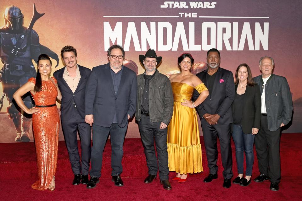 Ming-Na Wen, Pedro Pascal, Showrunner/executive producer Jon Favreau, Executive producer/director Dave Filoni, Gina Carano, Carl Weathers, Executive producer Kathleen Kennedy and Werner Herzog arrive at the premiere of Lucasfilm's first-ever, live-action series, "The Mandalorian," at the El Capitan Theatre in Hollywood, Calif. on November 13, 2019. "The Mandalorian" streams exclusively on Disney+.