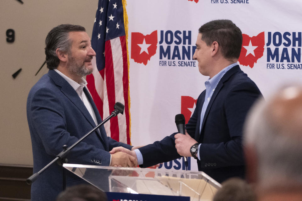 Sen. Ted Cruz (R-TX) shakes hands with Josh Mandel, a Republican candidate for U.S. Senate in Ohio, during a campaign event at Victory Christian Church on April 29, 2022 in Kettering, Ohio.  / Credit: Drew Angerer / Getty Images