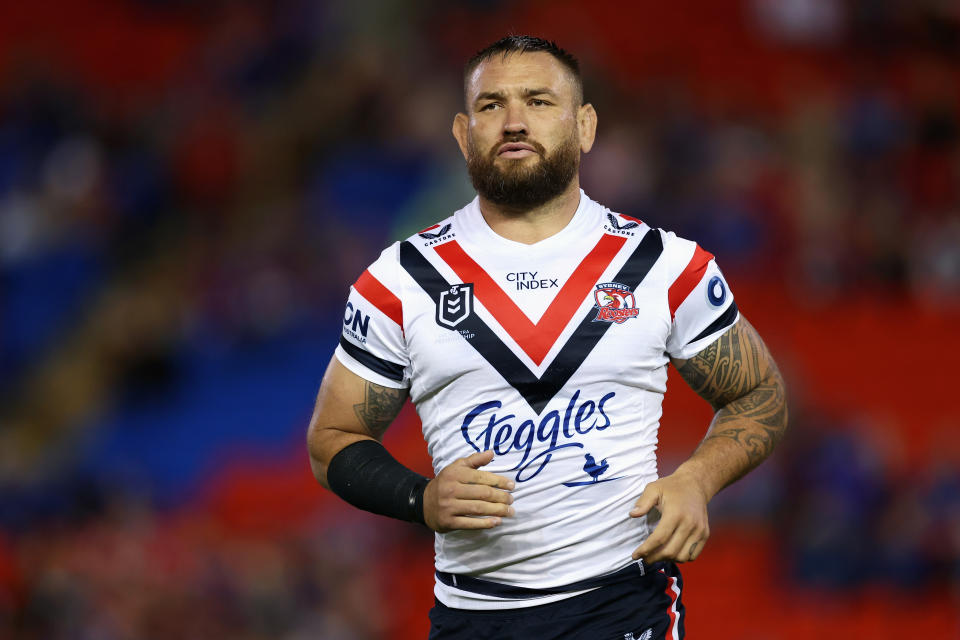 NEWCASTLE, AUSTRALIA - APRIL 11: Jared Waerea-Hargreaves of the Roosters warms up during the round six NRL match between Newcastle Knights and Sydney Roosters at McDonald Jones Stadium, on April 11, 2024, in Newcastle, Australia. (Photo by Cameron Spencer/Getty Images)