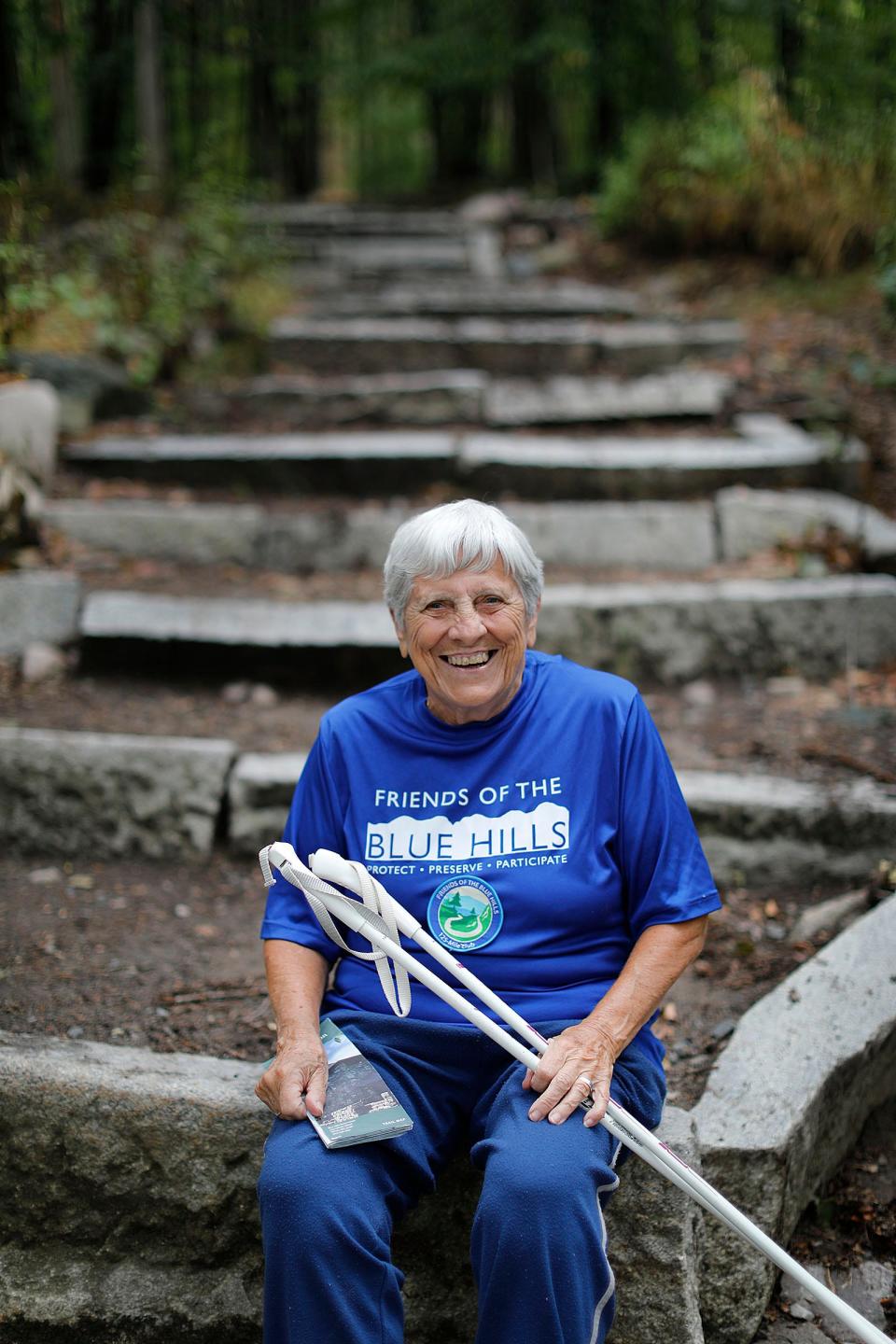 Eighty-six-year-old Loraine Sumner, of Milton, who has walked all 125 miles of trails in the Blue Hill Reservation, leads two walking groups for the senior center.