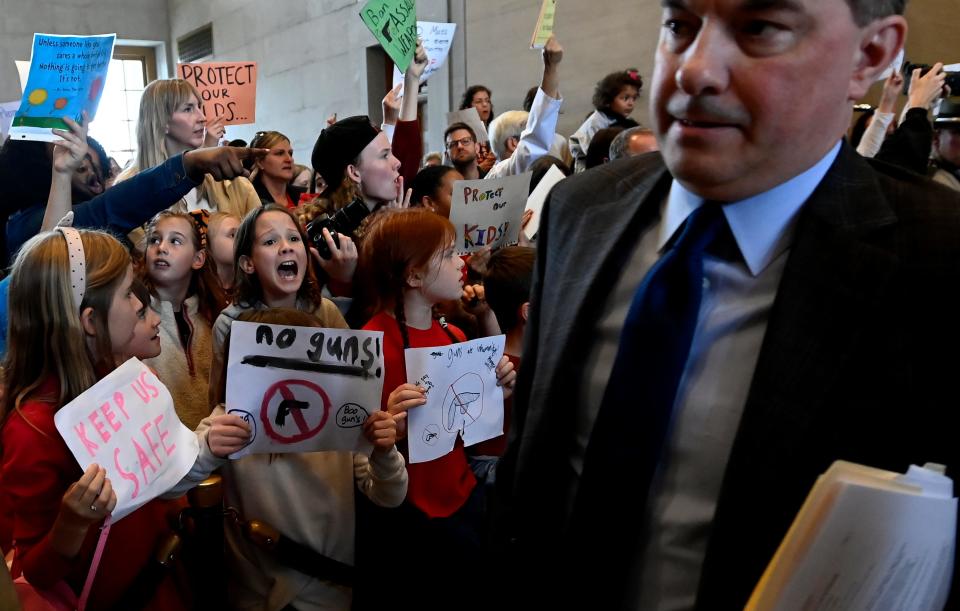 Students and parents shout at state lawmakers inside the state capitol as they demonstrate against gun violence and call for gun law reform during The March For Our Lives walkout Monday, April 3, 2023, in Nashville, Tenn. The group is demanding tougher gun control laws on the one-week anniversary of the mass shooting at Covenant School during which three students and three adults were killed.