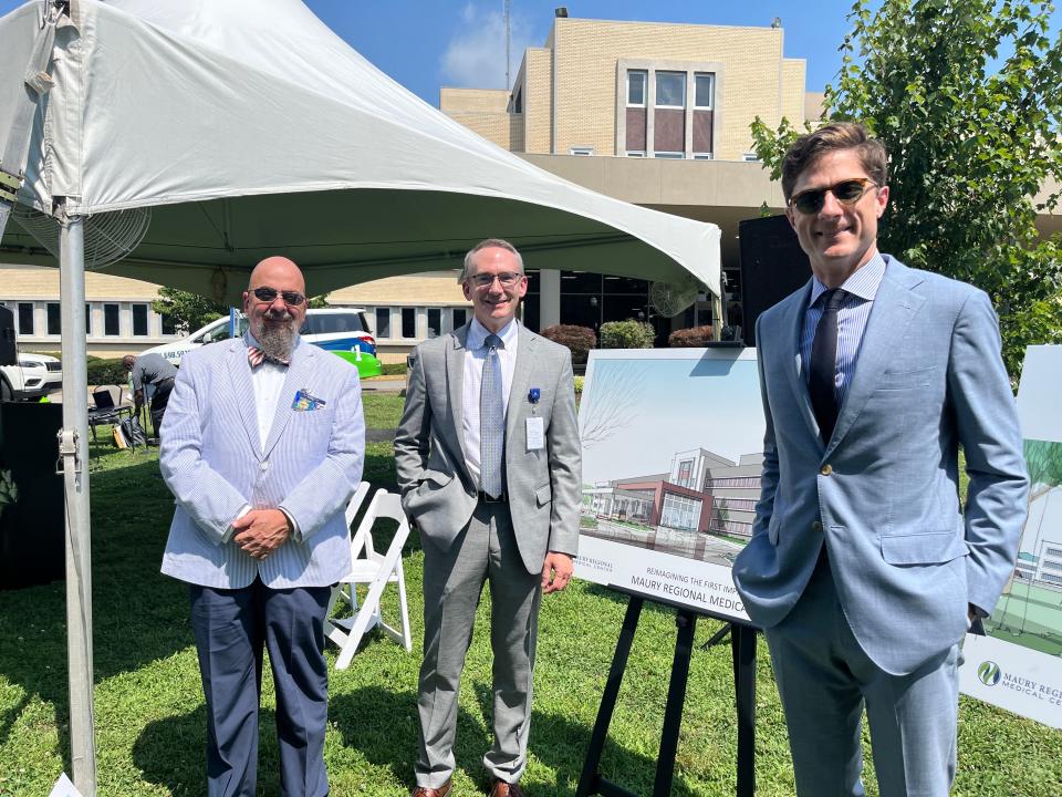 Maury County Commission Board Chairman Eric Previti, Maury Regional Health CEO Martin Chaney and Columbia Mayor Chaz Molder gave remarks regarding the $115 million hospital expansion at an unveiling ceremony on Friday, June 30, 2023 on the hospital lawn in Columbia, Tenn. The project is expected to be completed in less than two years.