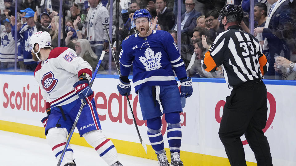 Noah Gregor kicked off a new (audio) era of Maple Leafs hockey on Wednesday night. (Photo by Kevin Sousa/NHLI via Getty Images)