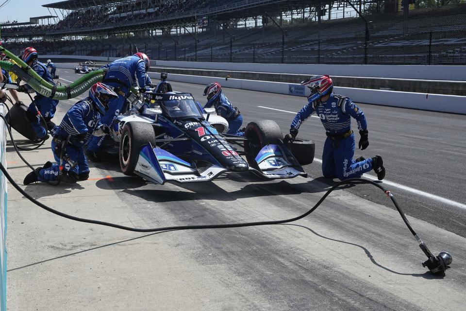 Graham Rahal makes a pit stop during the IndyCar Indianapolis GP auto race at Indianapolis Motor Speedway, Saturday, Aug. 12, 2023, in Indianapolis. (AP Photo/Darron Cummings)