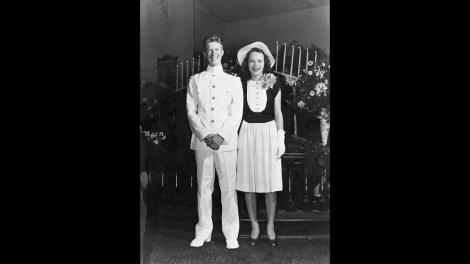 FILE - Jimmy and Rosalynn Carter pose for a photo during their wedding July 7, 1946, in Plains, Georgia. Jimmy and Rosalynn are celebrating their 77th wedding anniversary, Friday, July 7, 2023. (The Jimmy Carter Presidential Library and Museum, Carter Family Collection via AP, File)