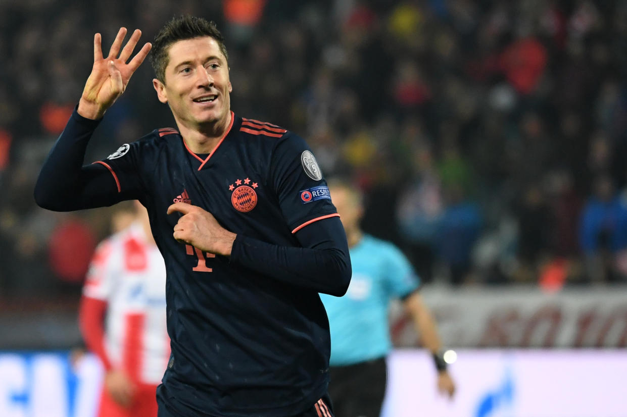 Robert Lewandowski scored four goals in Bayern Munich's domination of Red Star Belgrade, and broke a couple records in doing so. (Photo by Sven Hoppe/picture alliance via Getty Images)