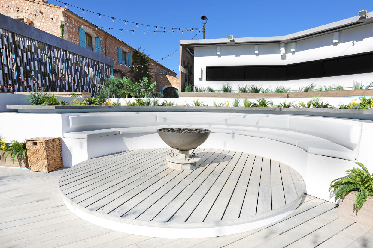 A fire pit takes centre stage in the 'Love Island' garden area. (ITV)