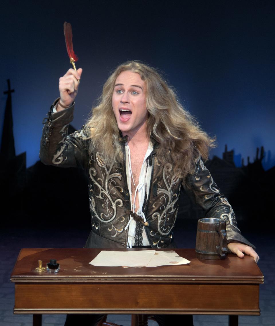 Charlie Tingen plays Willliam Shakespeare, who feels the pressure to maintain his writing standards, in the musical “Something Rotten” at Florida Studio Theatre.