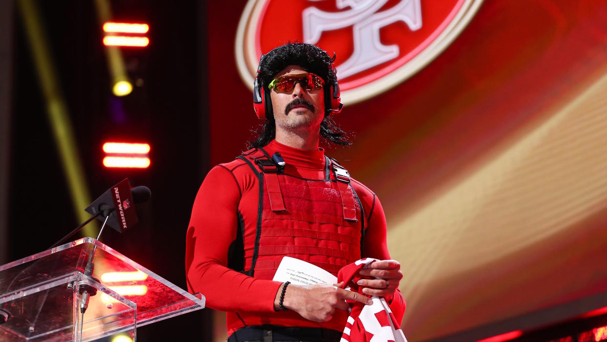  LAS VEGAS, NV - APRIL 29: Video game streamer Dr. DisRespect presents on stage during round three of the 2022 NFL Draft on April 28, 2022 in Las Vegas, Nevada. (Photo by Kevin Sabitus/Getty Images). 