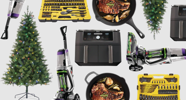 collage of canadian tire cyber week deals on white background, christmas tree, vacuum, cast iron pan, air fryer, tool set