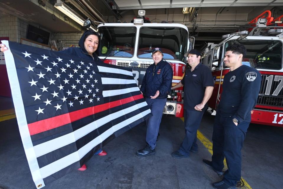 NYC Councilwoman Joann Ariola is making it her mission to provide all NYPD precincts and FDNY firehouses with thin “red-line” and “blue-line” American flags honoring hero first responders. Helayne Seidman