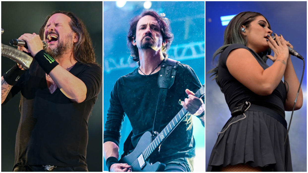  Jonathan Davis, Joe Duplantier and Courtney LaPlante on stage. 