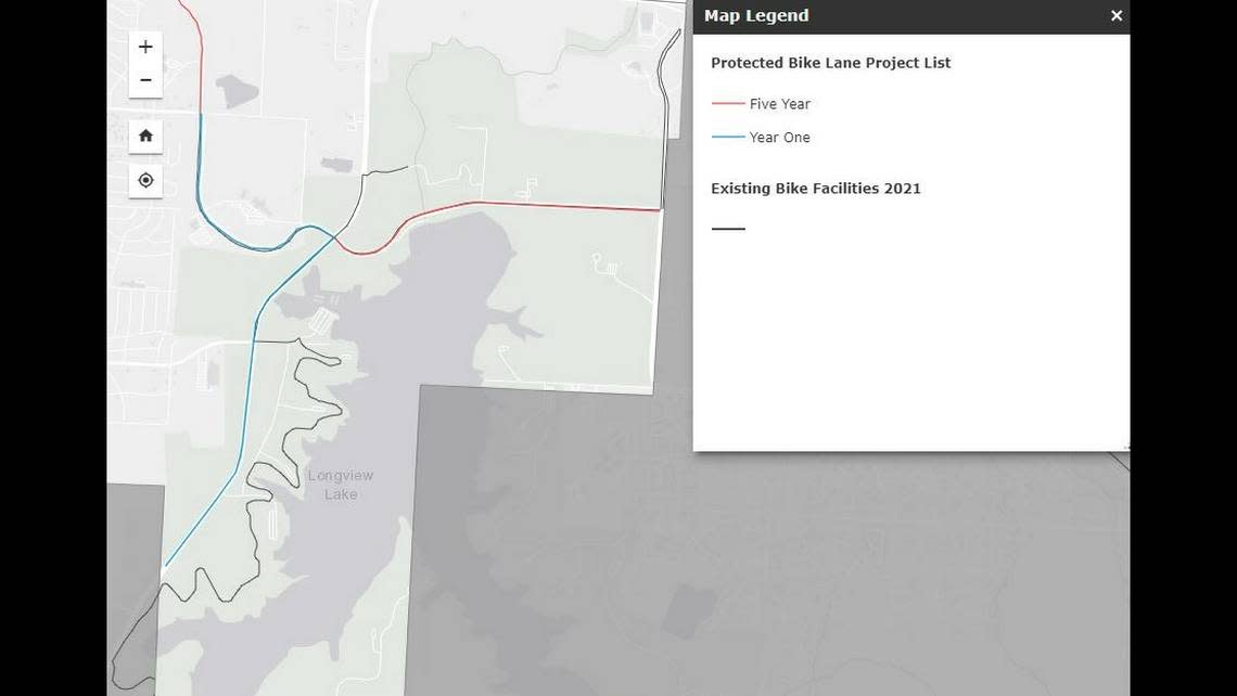 A five-year “conceptual” bike facility implementation plan posted by Kansas City’s Public Works Department shows current and planned bicycle lanes around the area of Longview Lake.