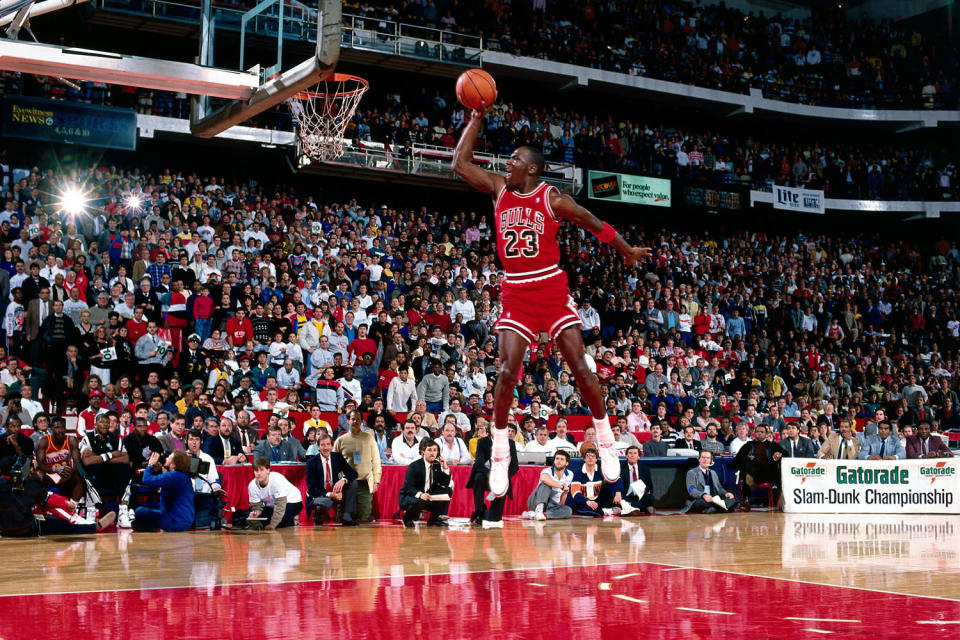 Michael Jordan during the 1988 NBA Slam Dunk competition, which he won over Dominique Wilkins. (Getty Images)