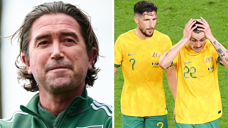 Harry Kewell (pictured left) during training and (pictured right) Australian players devastated.