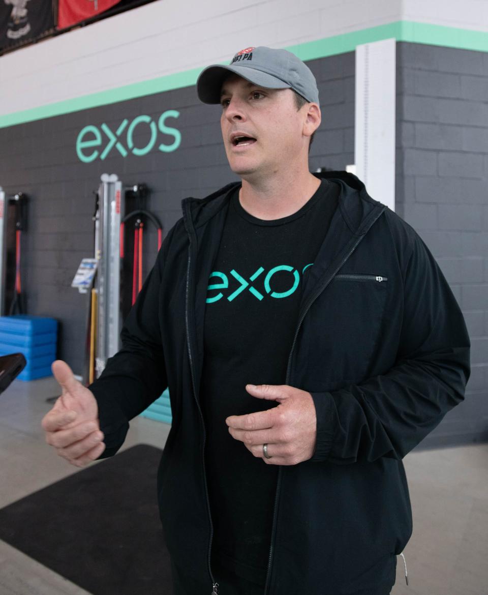 Anthony Hobgood, senior director of performance, talks about programs at the Exos training facility at the Andrews Institute in Gulf Breeze on Friday, Feb. 17, 2024. Several former college football players are preparing for the upcoming NFL Scouting Combine at the facility.