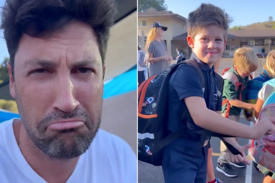 Maksim Chmerkovskiy/Instagram. https://www.instagram.com/p/CiK_g5ZgKCZ/. f maks making sad face split with his son at school dropoff