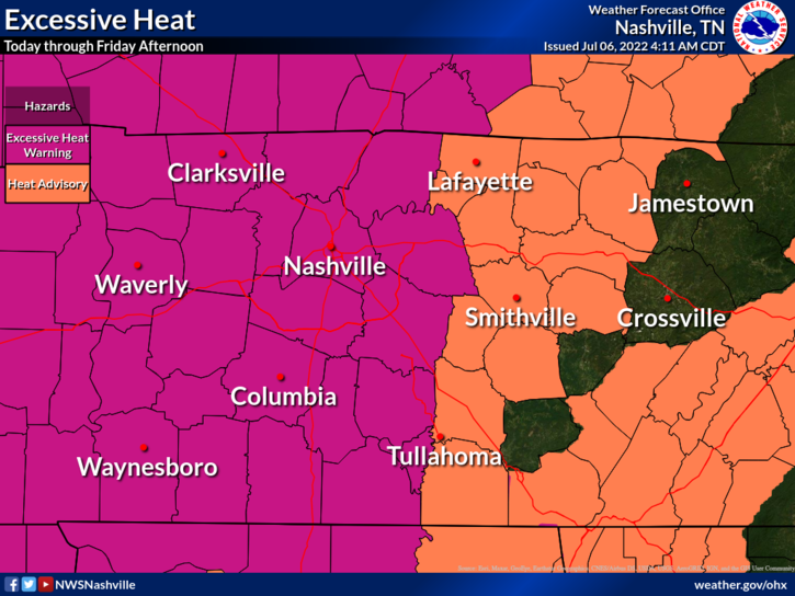 An excessive heat warning is in place for much of Middle Tennessee through Friday, with heat index values reaching as high as 110-115 degrees each afternoon, NWS said.