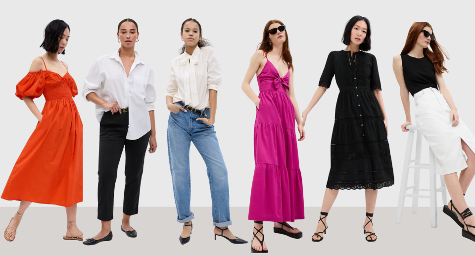 six gap models wearing orange sundress, black jeans/white shirt, blue jeans/white shirt, pink sundress, black sundress, black tank top and white skirt