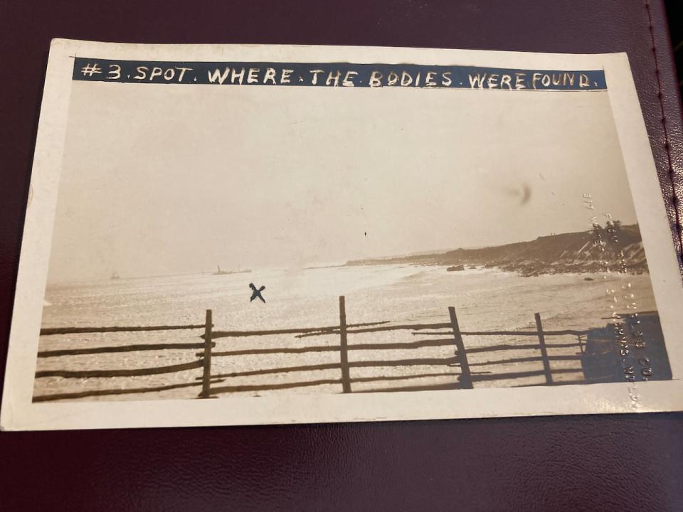 Another postcard from Brian Bursey's collection from the SS Florizel sinking disaster. An "X" marked where the bodies of the drowned were found.