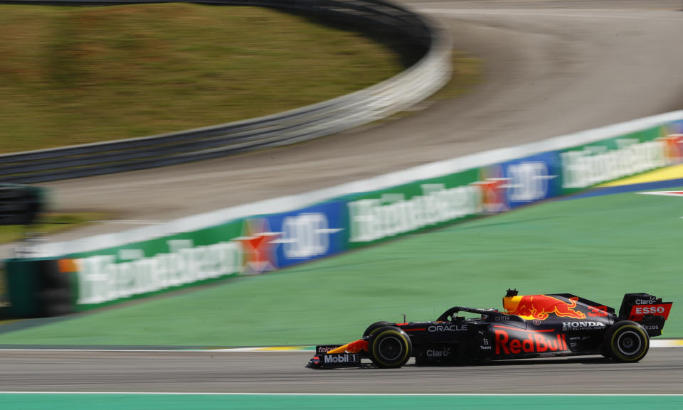 Red Bull driver Max Verstappen, of The Netherlands, leads the race during the Brazilian Formula One Grand Prix at the Interlagos race track in Sao Paulo, Brazil, Sunday, Nov. 14, 2021. (AP Photo/Marcelo Chello)